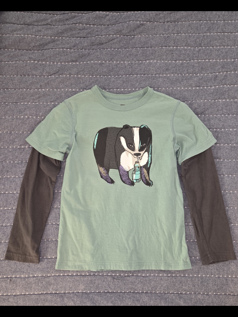 Tea Collection Kids Long-Sleeve Layered Badger Graphic Tee - Green & Black